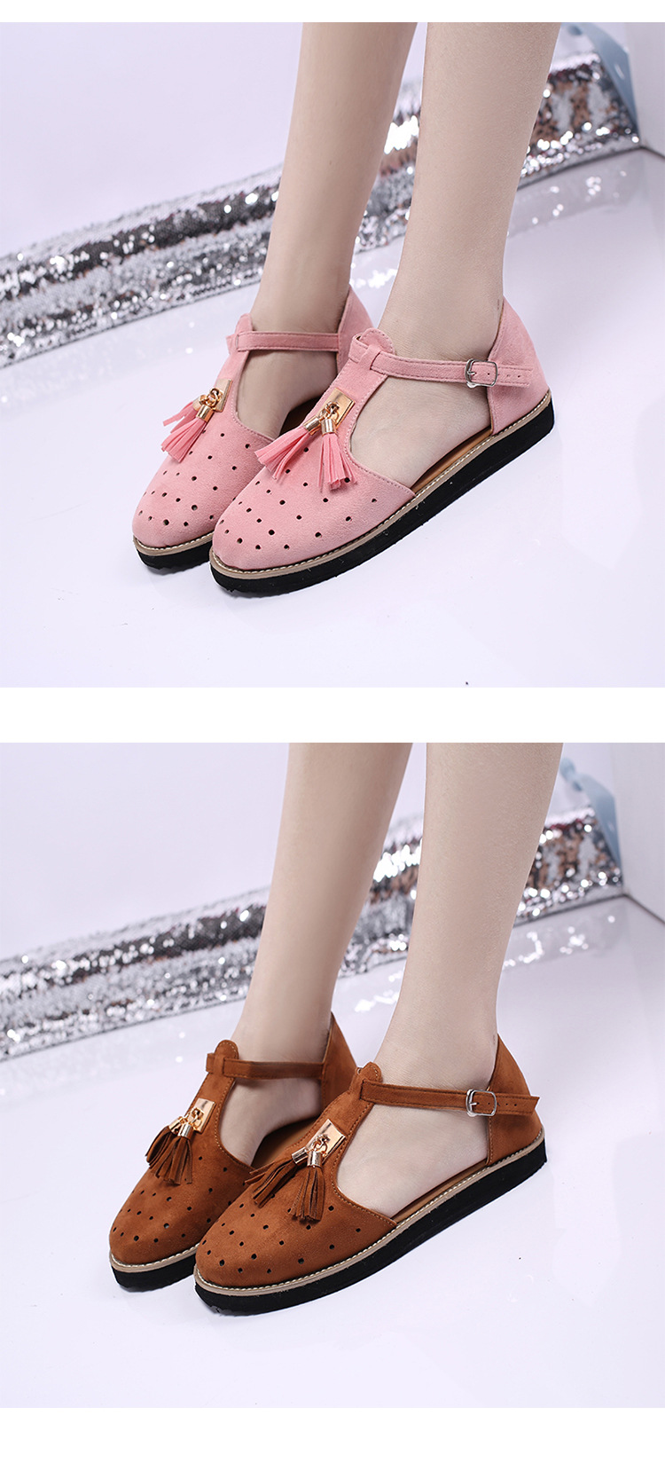 2021 European and American new thick-soled round-toe cutout retro single shoe, large-sized low-top bag and fringed women's sandals Item Picture
