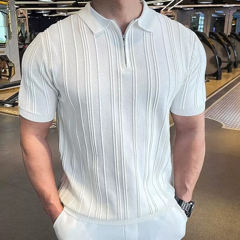 Herren Halb-reißverschluss Strickpolo Kurzarm Eisseide Top_voghion.com