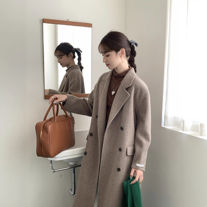 2025 秋冬新作スーツカラーカシミヤジャケット韓国風ルーズダブルブレスト膝上ウールコート|undefined