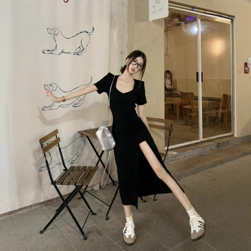 Pure Sex Sexy Split Leg Showing Short-sleeved dress Women's Summer Slimming Design Sense Tight Waist Royal Sister Elegant Hot Girl Long Dress Pure Sex Sexy Split Leg Showing Short-sleeved dress Women's Summer Slimming Design Sense Tight Waist Royal Sister Elegant Hot Girl Long Dress