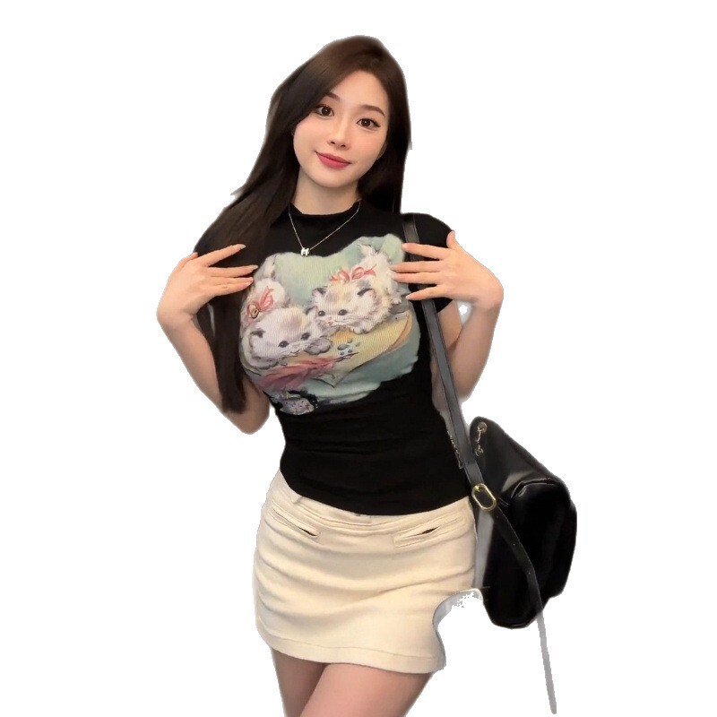 今年新款美式猫咪印花正肩短袖t恤女2025年夏季短款修身显瘦上衣|undefined