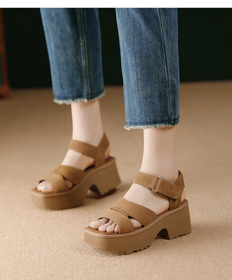Sandal cao gót nữ hở mũi đế xuồng platform, quai dán tiện lợi, gót 9 cm — màu nâu chi tiết 5
