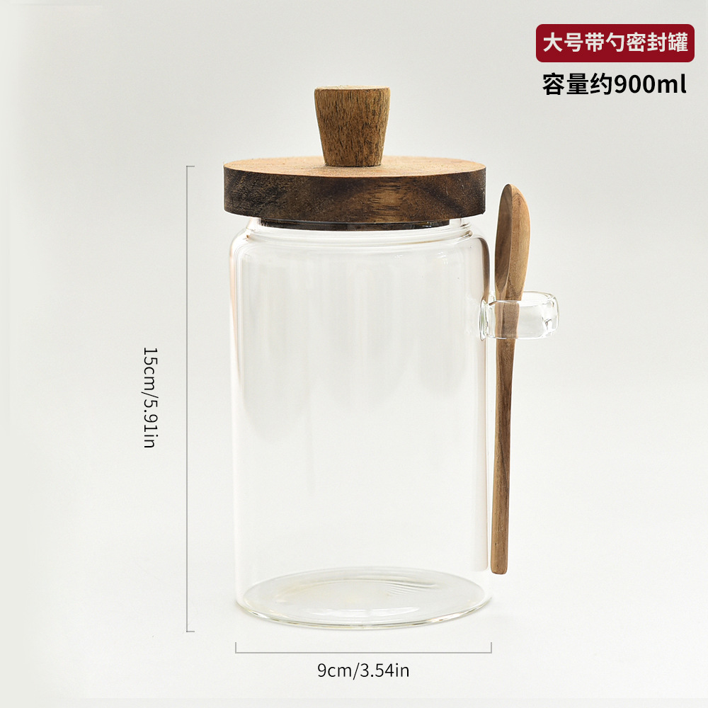 Tanque de vidrio sellado japonés, tanque de almacenamiento de granos de café doméstico con botella de condimento de cuchara de madera, tanque de almacenamiento de alimentos de cocina mayorista