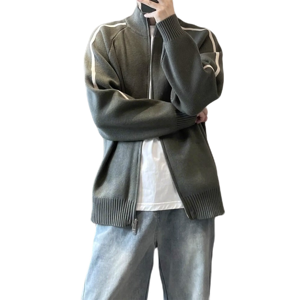 Explosiones transfronterizas de tamaño grande europeo a rayas cardigan suéter de punto chaqueta de hombre chaqueta de doble cremallera fábrica de marea al por mayor