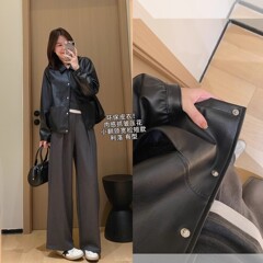 CB96皮衣！肉感抓皱压花小翻领宽松短款黑色上衣外套女秋