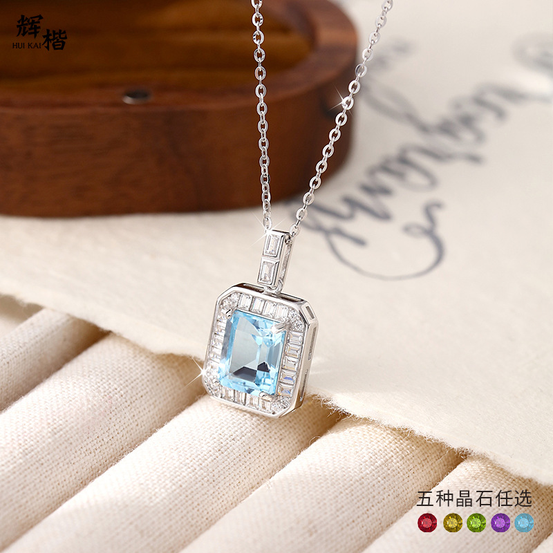 Gem Cross-border Douyin Live S925 Collar de plata esterlina Colgante cuadrado de piedra natural para mujer Cadena de clavícula con sentido de diseño avanzado