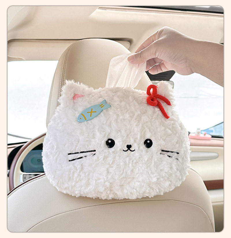 Cartoon car tissue box, cute plush cat design, multi-functional car seat back tissue dispenser