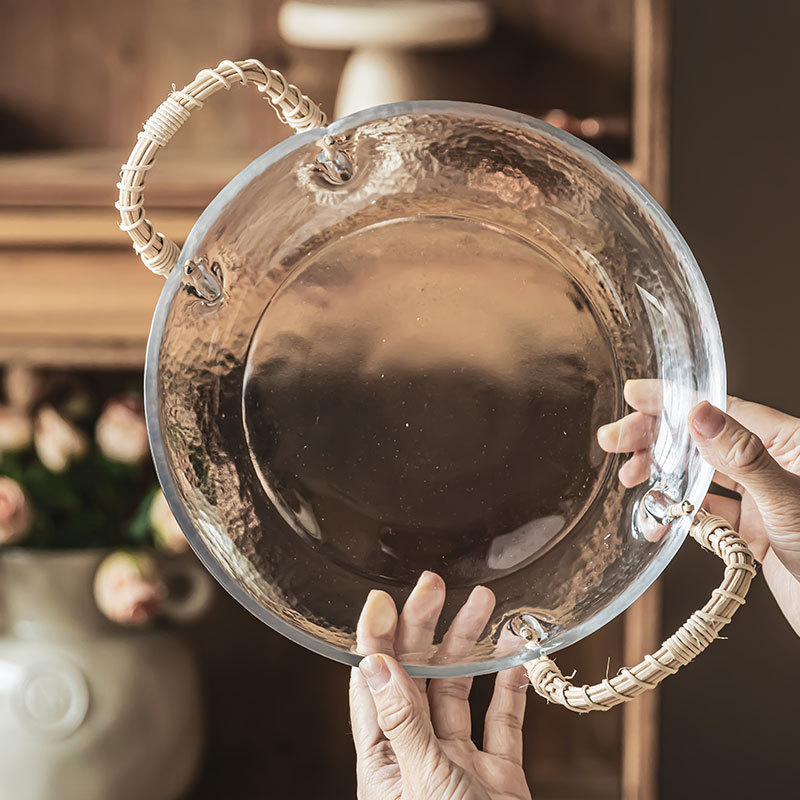Plato de vidrio tejido de caña artesanal sala de estar casera bandeja de frutas estilo japonés retro plato de ensalada de bocadillos plato de frutas creativo