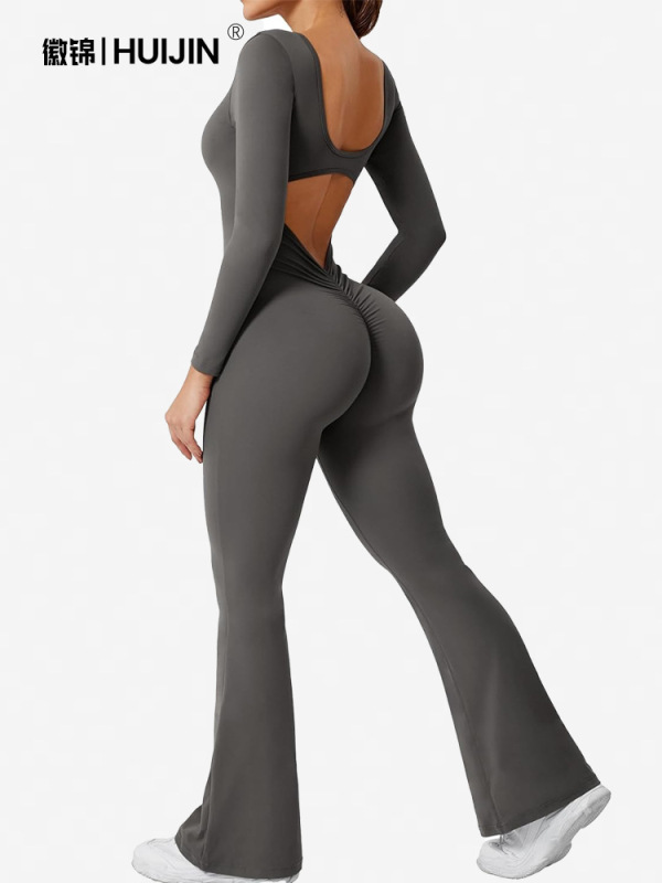 ヨーロッパとアメリカの新しいワンピースヨガウェア、スリムフィット、ヒップアップ、フレアパンツ、フィットネス、カジュアル、中空、美しいバック、スクエアカラー|undefined