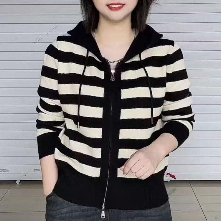 Dropshipping Popular Live Broadcast 2025 Autumn New Loose Casual Long-Sleeve Hooded Striped Knit Sweater Women's Jacket