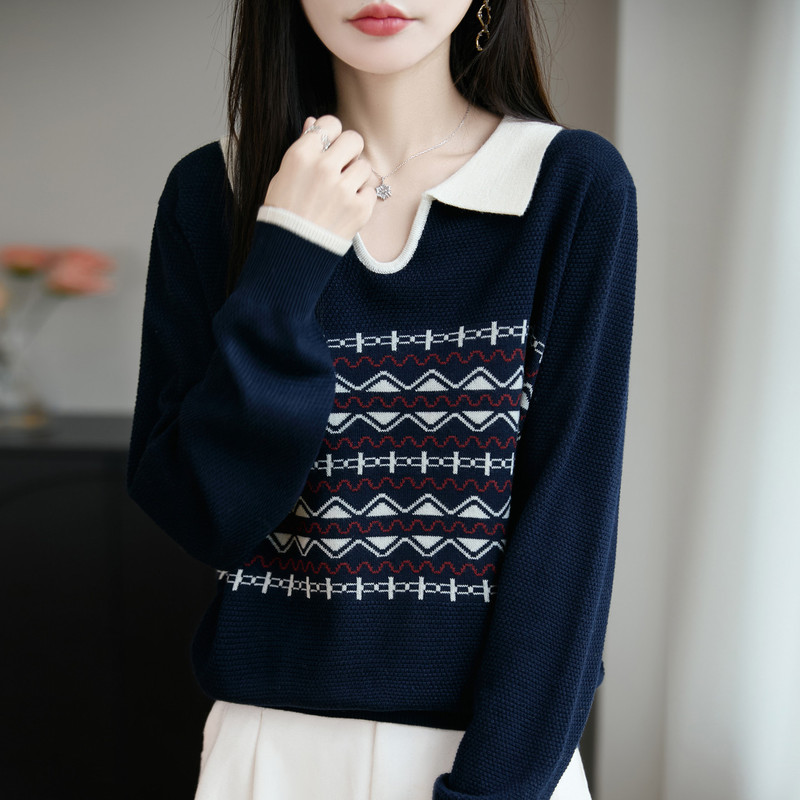 法式撞色POLO领提花针织衫女秋冬新款保暖打底毛衣洋气翻领毛衫|undefined