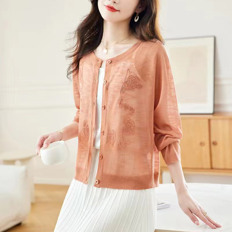 Ultra thin knitted summer sweater with a round collar