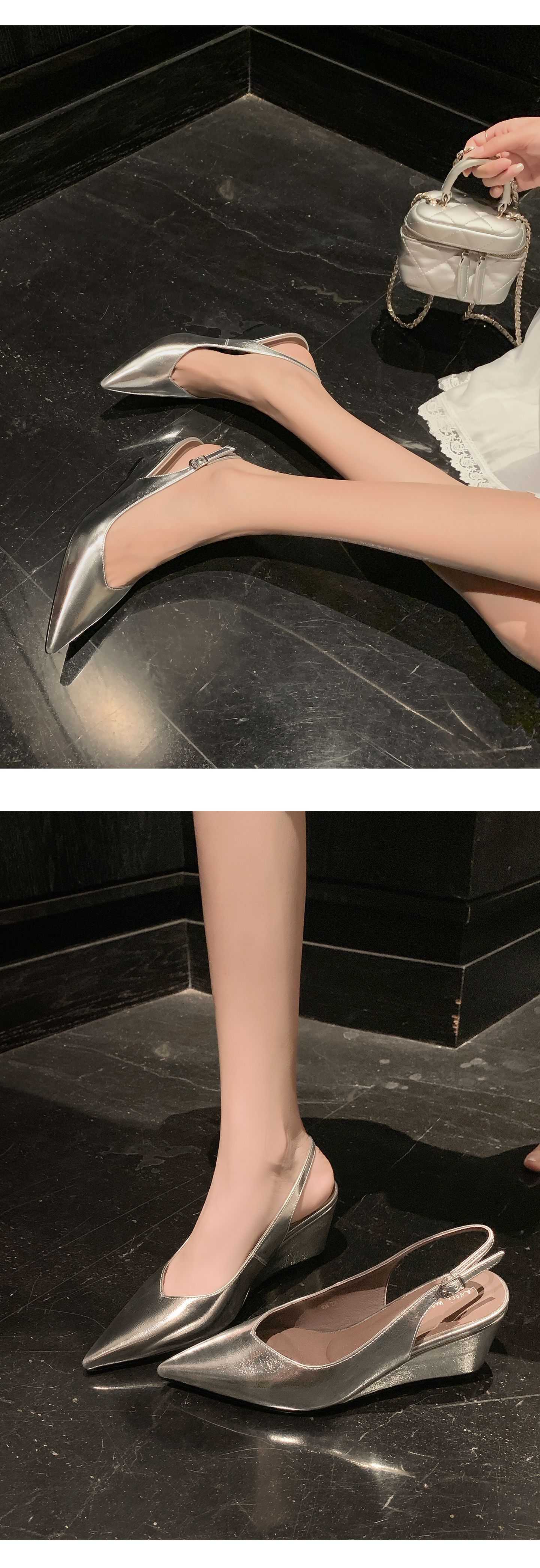 Giày cao gót nữ mũi nhọn quai hậu đế xuồng platform 9 cm — Trần truồng hồng, màu đen, bạc chi tiết 19