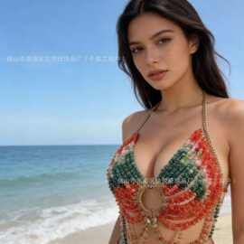 达悦旺欧美跨境彩色混色珠子重工上衣比基尼辣妹手工珠饰胸衣批发