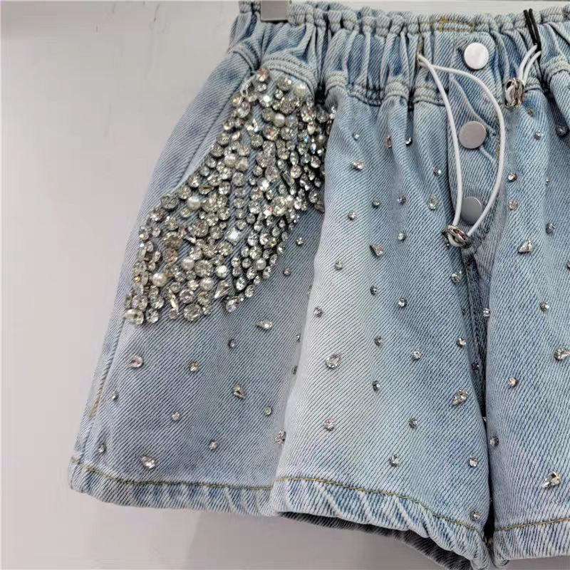 Estación Europea 2023 nueva industria pesada europea estrellado diamante alta cintura adelgazamiento pierna ancha pantalones cortos de mezclilla las mujeres image 5