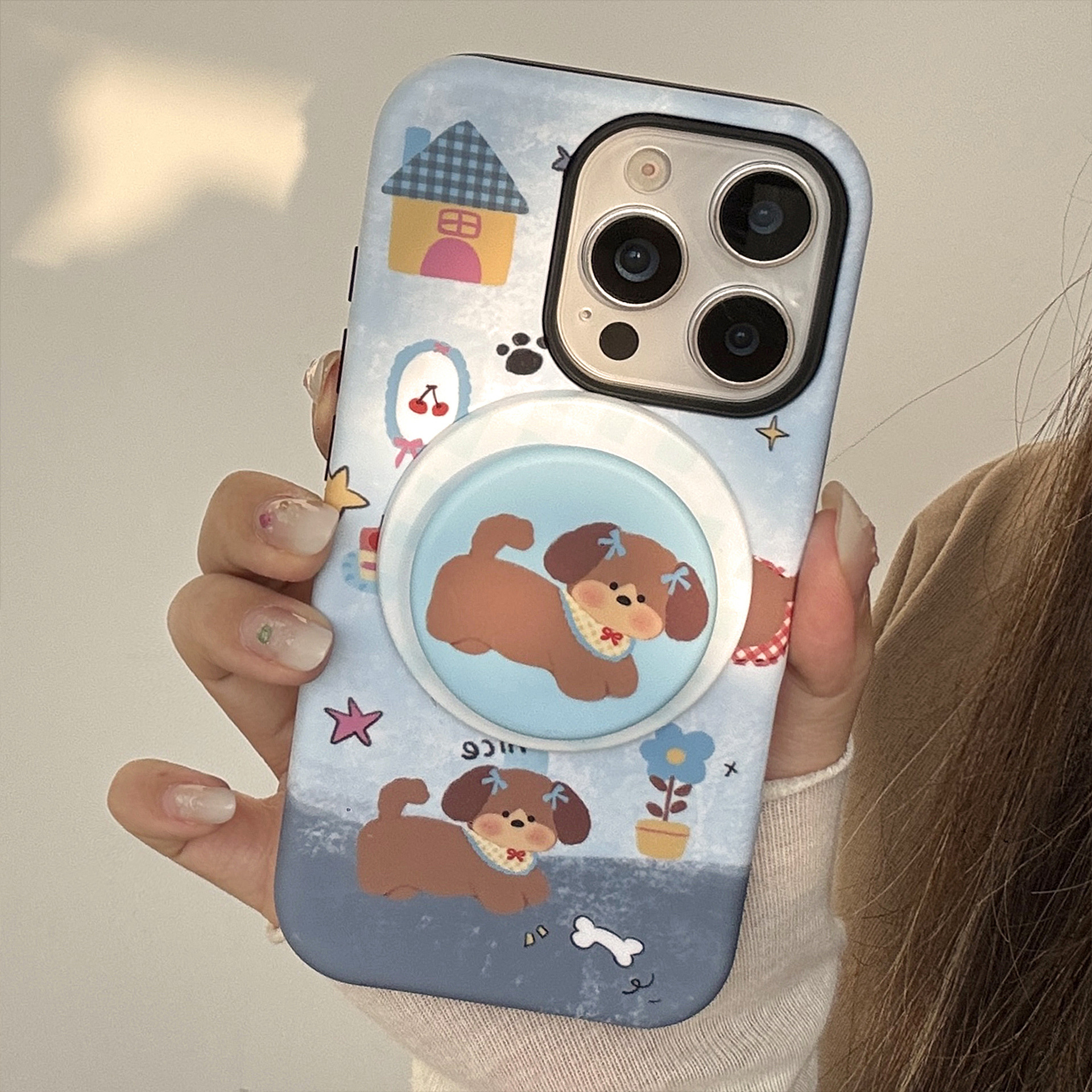 Cover telefono magnetica con supporto cucciolo iphone blu_voghion.com