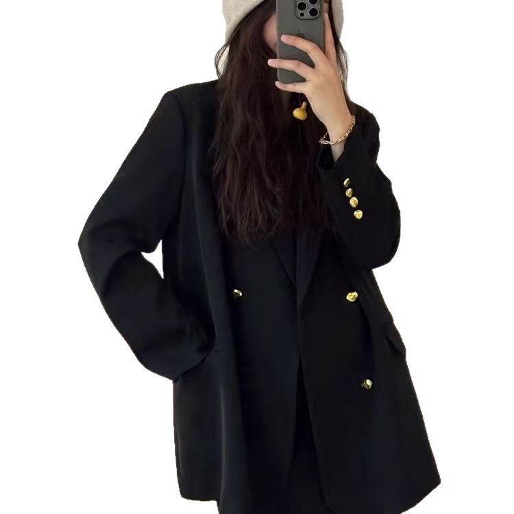 Áo vest nữ màu đen dáng rộng cổ vest một hàng cúc tay dài — màu đen