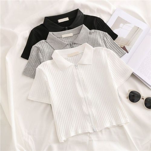 Kids' POLO-Neck Striped T-Shirt for Girls | Summer High-Waisted Cropped Top with Navel-Baring Design | Slim-Fit Half-Sleeve Style in Hong Kong Fashion⏤⏤