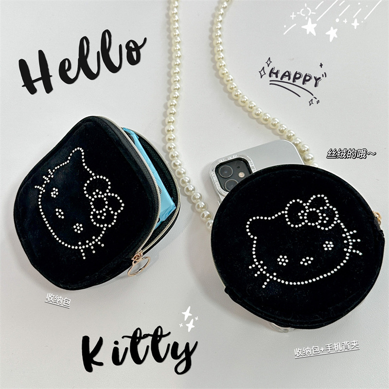 New cute rhinestone KT cat advanced velvet bag coin purse earphone bag mobile phone back clip cartoon key case portable