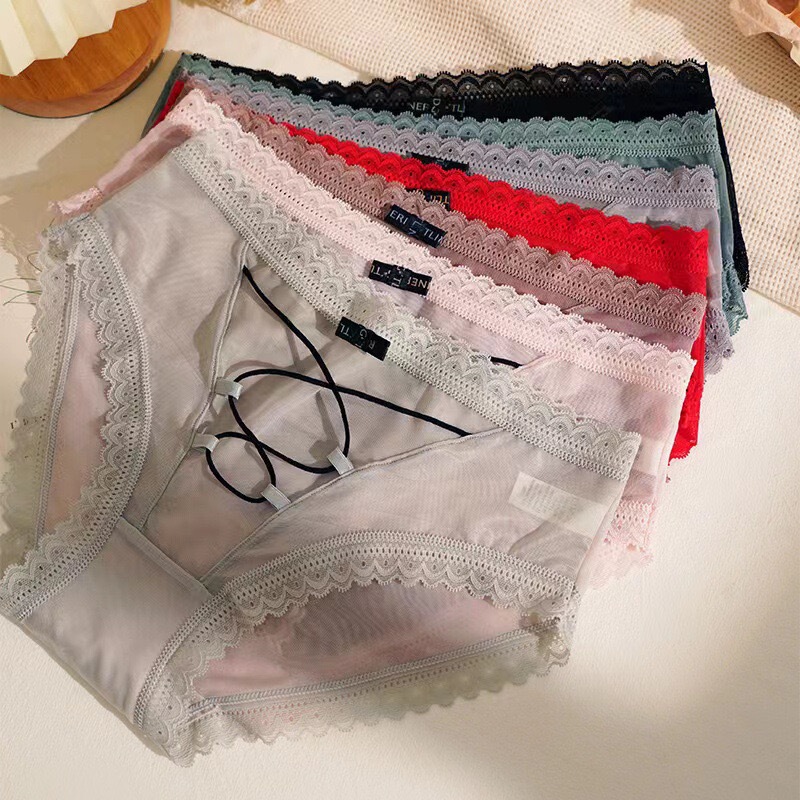 Mid-waist girl sexy autumn fresh mesh solid color bow lace-up cotton crotch breathable comfortable underwear for women