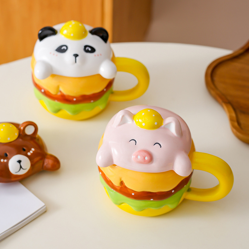 Creativa hamburguesa dibujos animados linda taza de cerámica taza de desayuno de gran capacidad taza de café taza de pareja taza de agua para el hogar