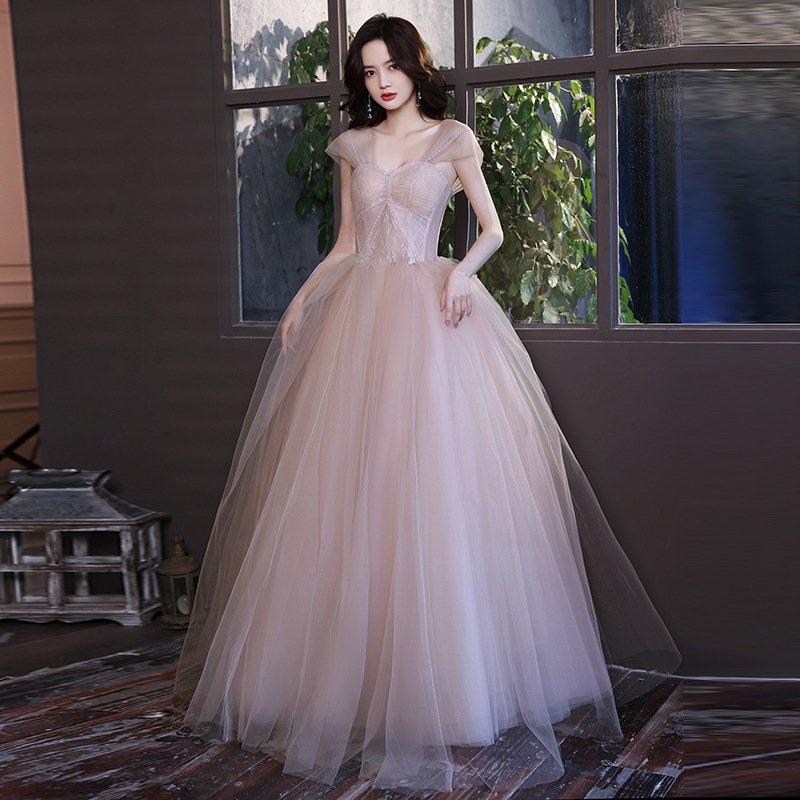 party host dress pink wine tulle evening dress birthday party dress female singers host solo  piano performance long show thin show host French dress