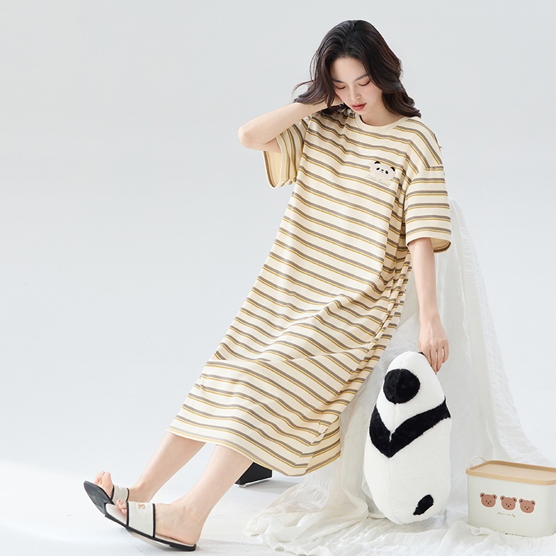 Women's Summer Pure Cotton Short-sleeved Thin Long Skirt Loose plus size Pregnant Women's Pajamas Summer Striped Home Clothes