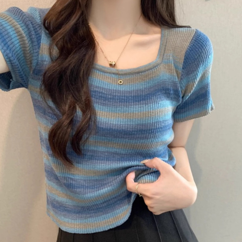 Dopamine Rainbow Stripesd Right Shoulder T-Shirt Thin Ice Silk Knitted Short-Sleeved Top Women's Summer High-End Square Collar Shirt