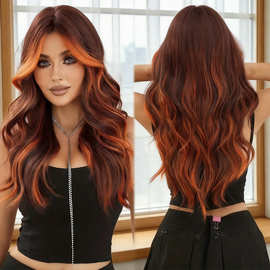 跨境时尚巴黎画染女八字刘海全头套假发彩色火焰橘挑染彩色长卷发