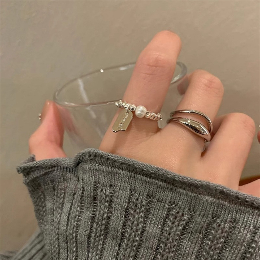 925純銀素圈碎銀子珍珠戒指女ins風高級感輕奢不規則簡約百搭指環