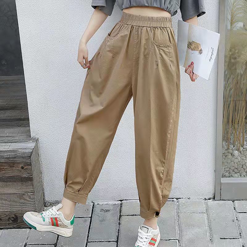 Pure Cotton Harem Pants for Women Spring and Summer New Large Size Loose Slimming Look High Waist Versatile Elastic Waist Casual Carrot Pants Trendy