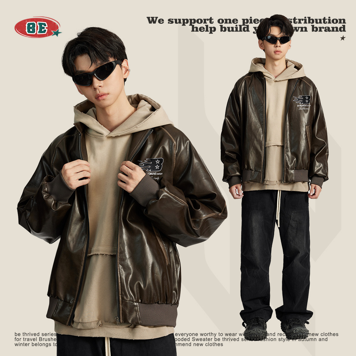 BE ropa de hombre | Chaqueta de cuero estilo motociclista con cuello alto, estilo retro bomber, estilo granero para hombre, primavera 2025