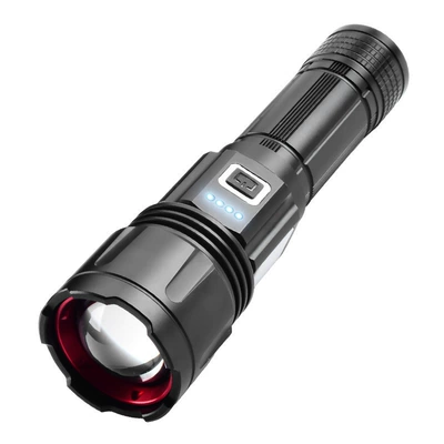 White Laser Flashlight with Dual Side Lights, White and Red Light, Logo Laser Printing, Aluminum Alloy Rechargeable Light, Zoom Floodlight (UV fənərlər) - black