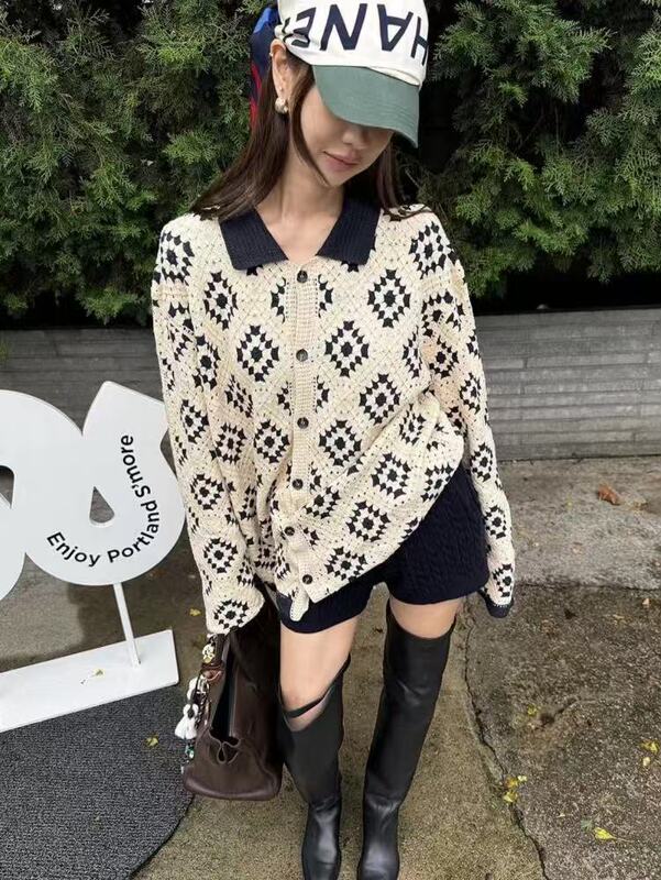 复古时尚设计感小众翻领撞色针织开衫女秋季新款慵懒宽松显瘦上衣|undefined