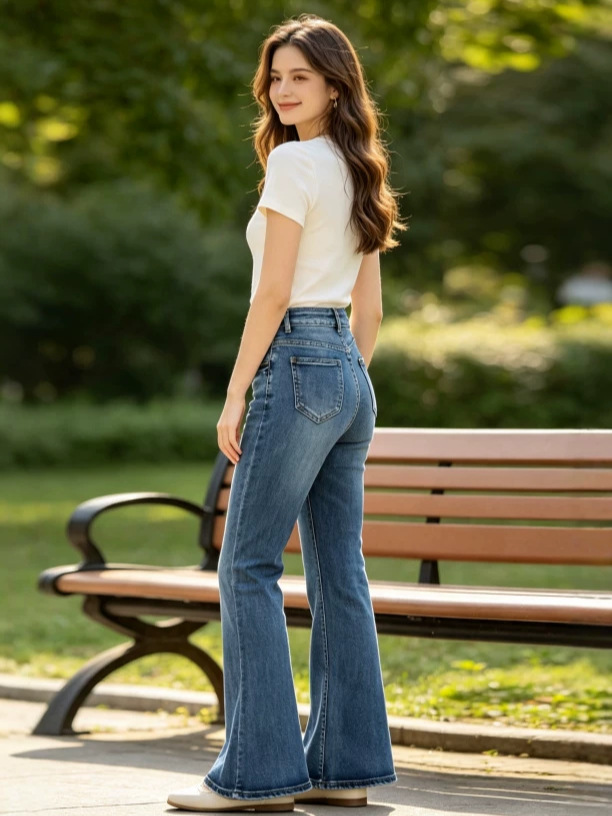 Jeans Acampanados para Mujer de Mezclilla de Algodón, Cintura Alta, Alta Elasticidad, para Uso Casual image 4