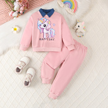 批发外贸女童套装卫衣卫裤POLO翻领童装2025卡通休闲长袖两件套