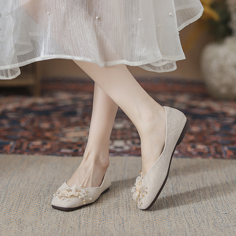 X220-55B In-Stock Wedding Shoes for Women, New Summer Floral Fairy Bridesmaid Shoes, Boat Shoes, Square-Toe Single Shoes, Bridal Shoes
