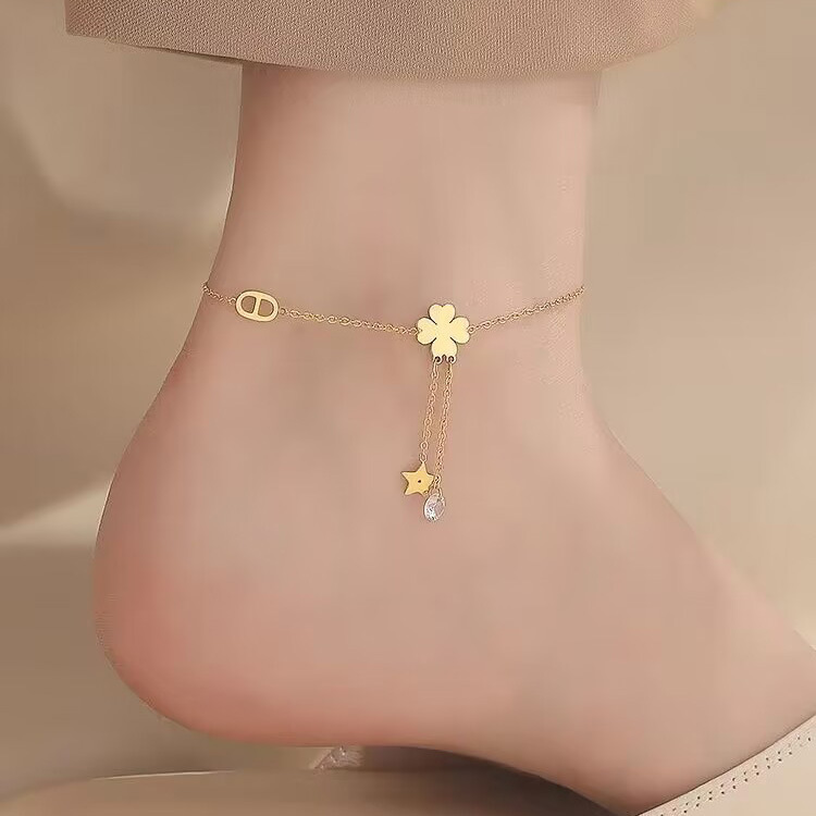 Exquisita tobillera de trébol de cuatro hojas para mujer nuevo diseño de nicho de oro de 14K
