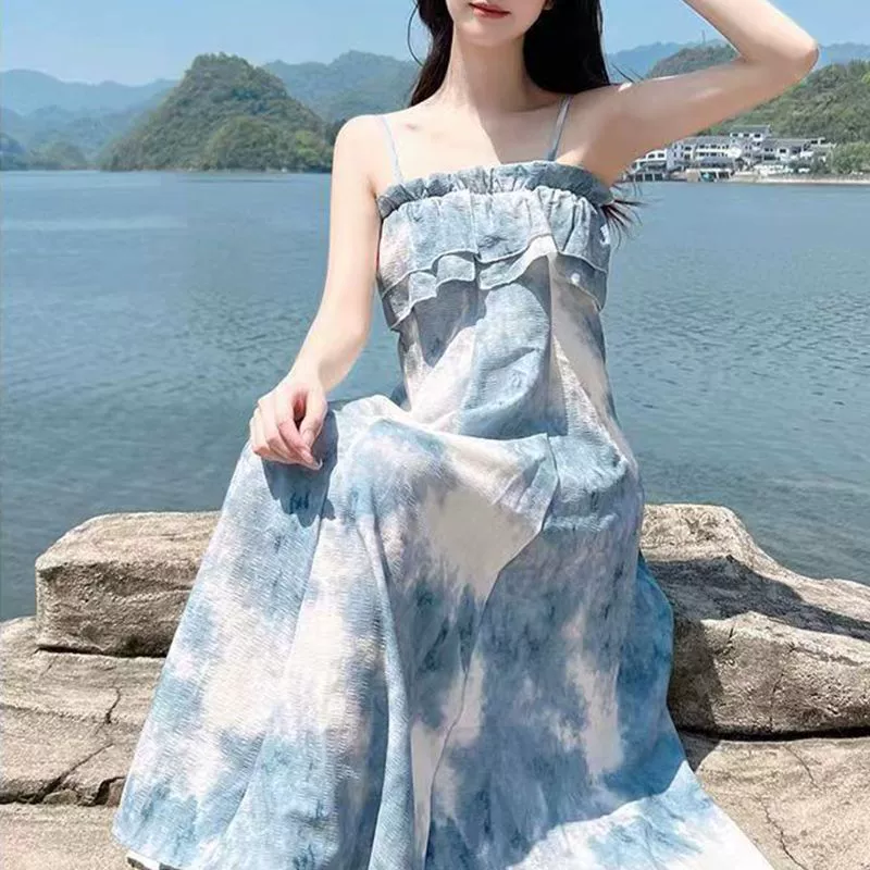 Женское летнее платье для отдыха на море, юбка миди с завышенной талией, утягивающая, французский дизайн, кросс-бордерная торговля, высококачественная юбка на бретелях