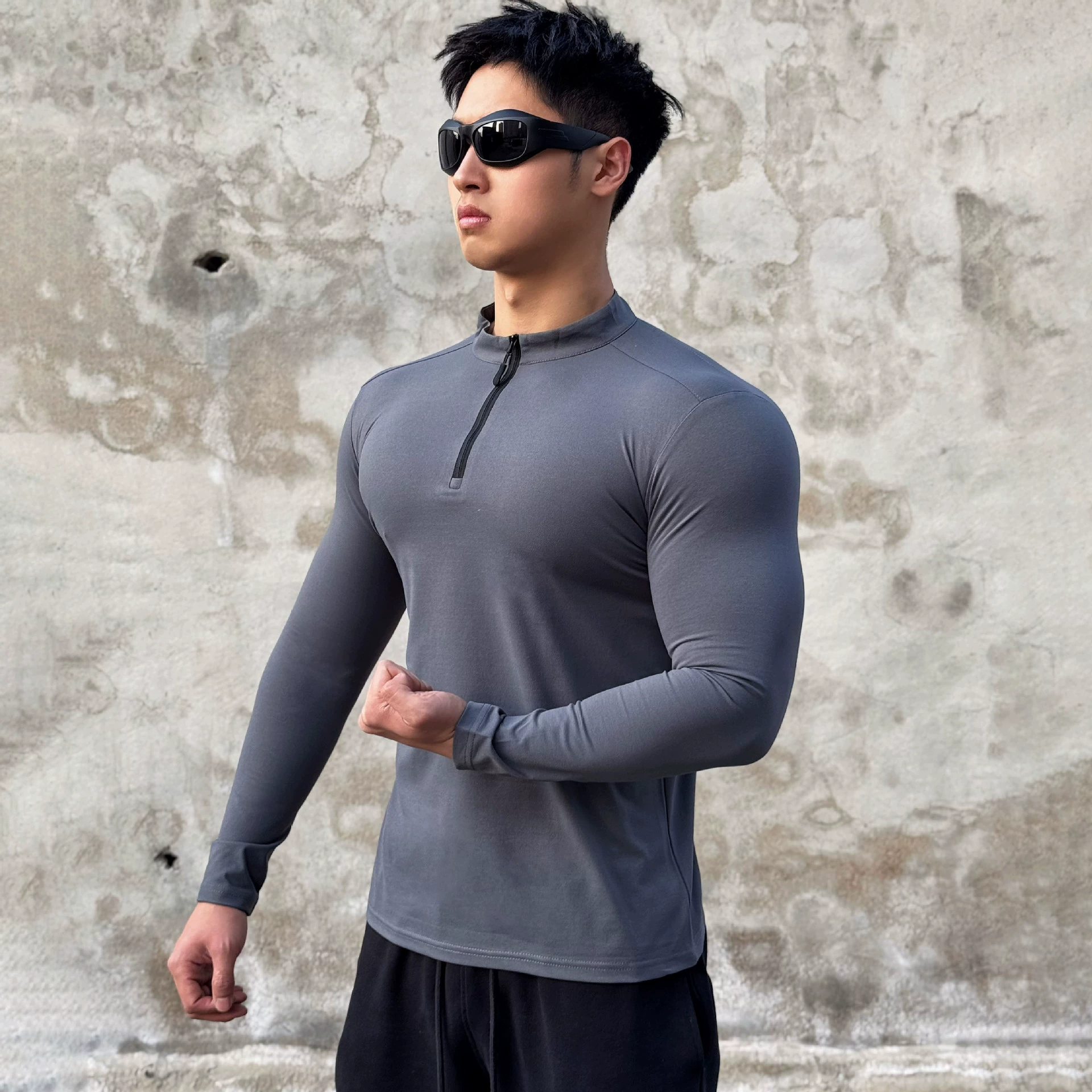 Весна и осень на открытом воздухе быстродушный T полузастежка-молния футболка с длинными рукавами для мужчин повседневный хим-бег фитнес-тренировочный костюм спортивный топ