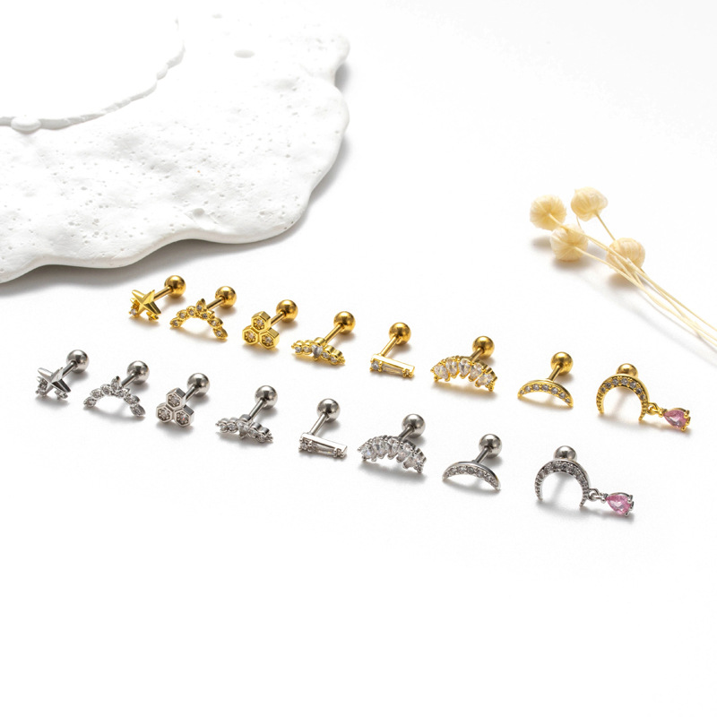 Henson's nieuwe roestvrijstalen dubbele kop schroefstaaf, 0,8 dikke oorstekers, micro diamant zirkoon, modieus en veelzijdig_voghion.com