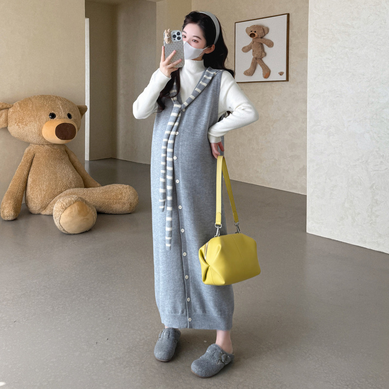 孕妇装2025秋冬新款加厚打底中长款背心裙马甲针织打底衫简约套装|undefined