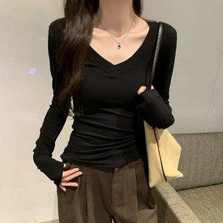 辣妹纯欲基础款收腰显瘦V领德绒长袖T恤女秋冬修身内搭打底衫上衣