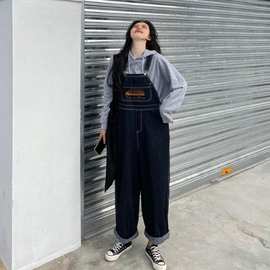 春夏直筒网红宽松裤子阔腿高腰显瘦牛仔裤韩版学生背带长裤女ins