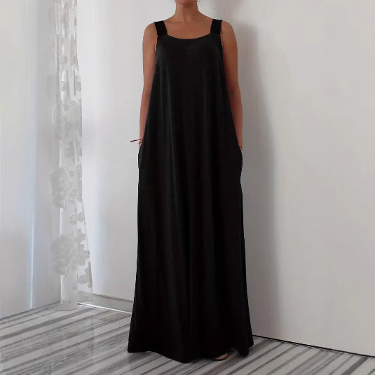 2025 New European and American Plus Size Women's Black Shoulder Straps Sleeveless Simple Polyester Dress Pocket Casual Style Long Skirt