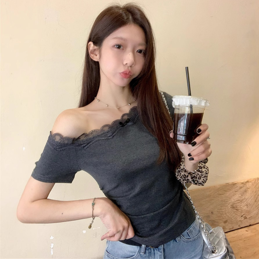 Ins Pure Desire Sexy One-Line Collar Short-Sleeved Lace Off-Shoulder Short-Sleeved T-Shirt Summer Waist Slimming Look Bottoming Short-Sleeved Top for Women