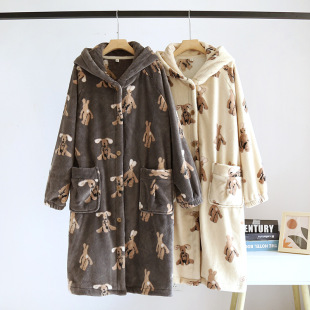 New Autumn and Winter Coral Fleece Rabbit Women's Robe suit Thickened Warm Cute Simple Home Clothes Pajamas