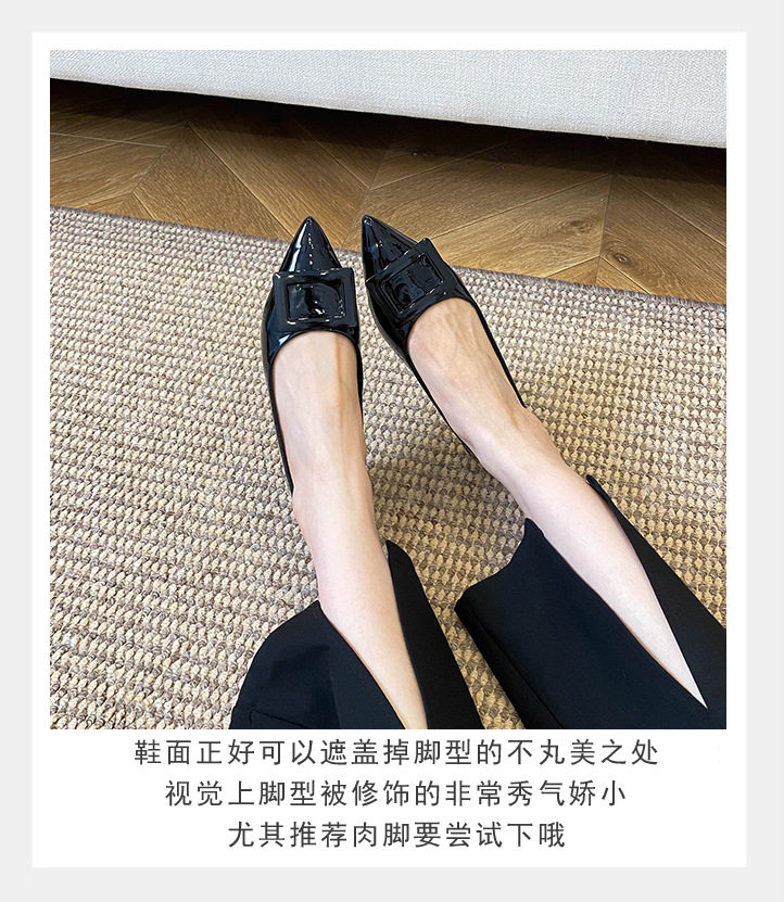 Giày cao gót nữ mũi nhọn khóa vuông gót thấp chất liệu da mềm — màu đen, màu đỏ chi tiết 8