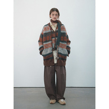 【玳禾】冬季新款休闲V字领全羊毛费尔岛提花中长款毛织开衫H7973