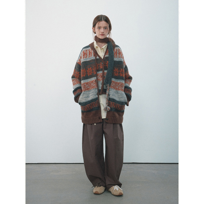 [Daihe] Winter New Casual V-Neck All Wool Fairisland Jacquard Long Woolen Cardigan H7973